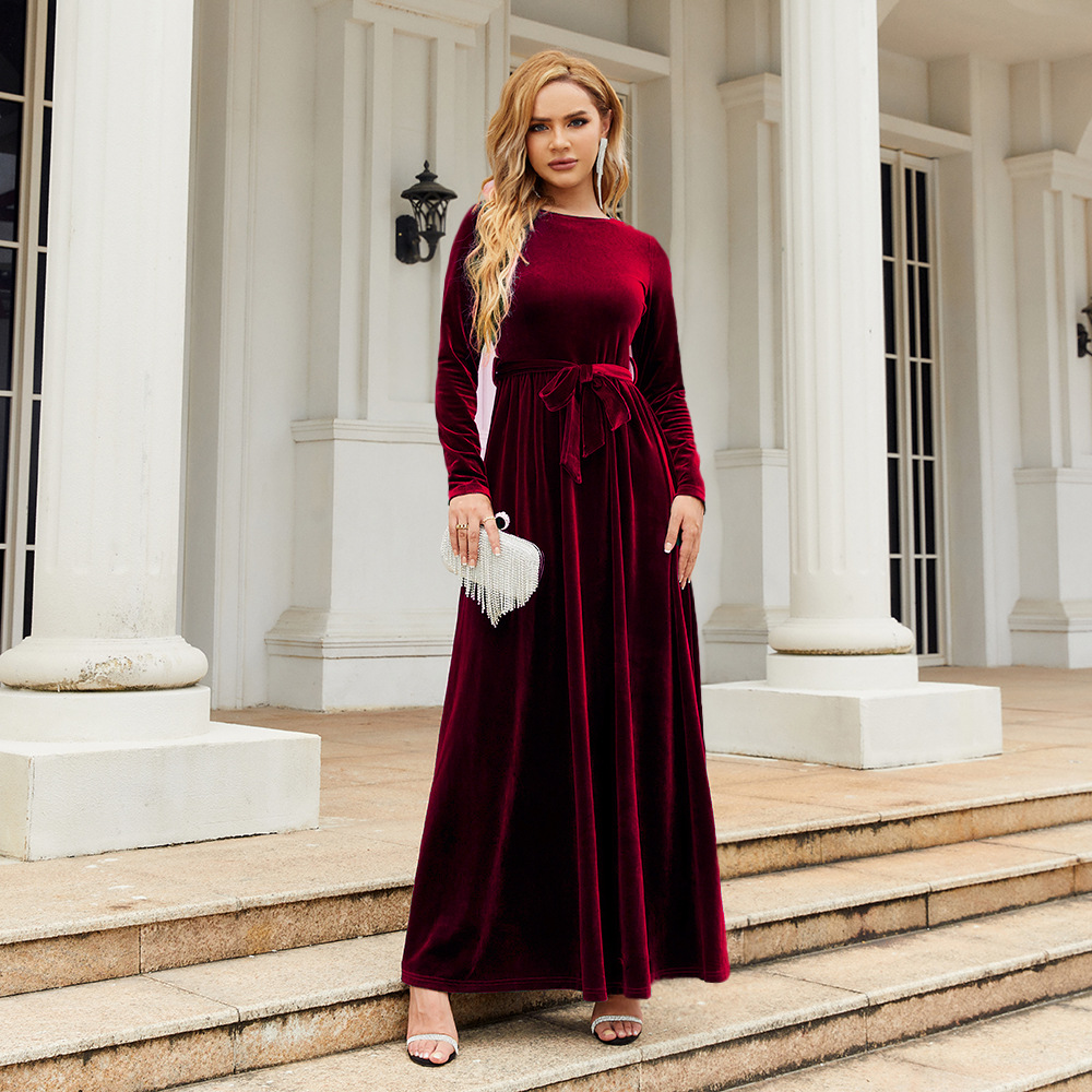 Elegant Velvet Maxi Dress - Autumn Winter Long Sleeve Floor Length Evening Gown
